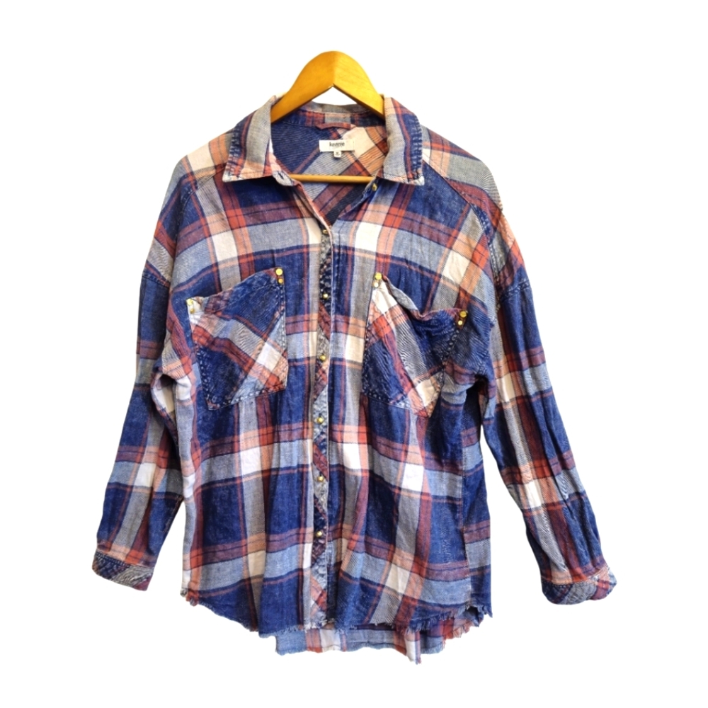 KENSIE‎ Plaid All Cotton Flannel Raw Hem Hardware Embelish Red White Blue Medium